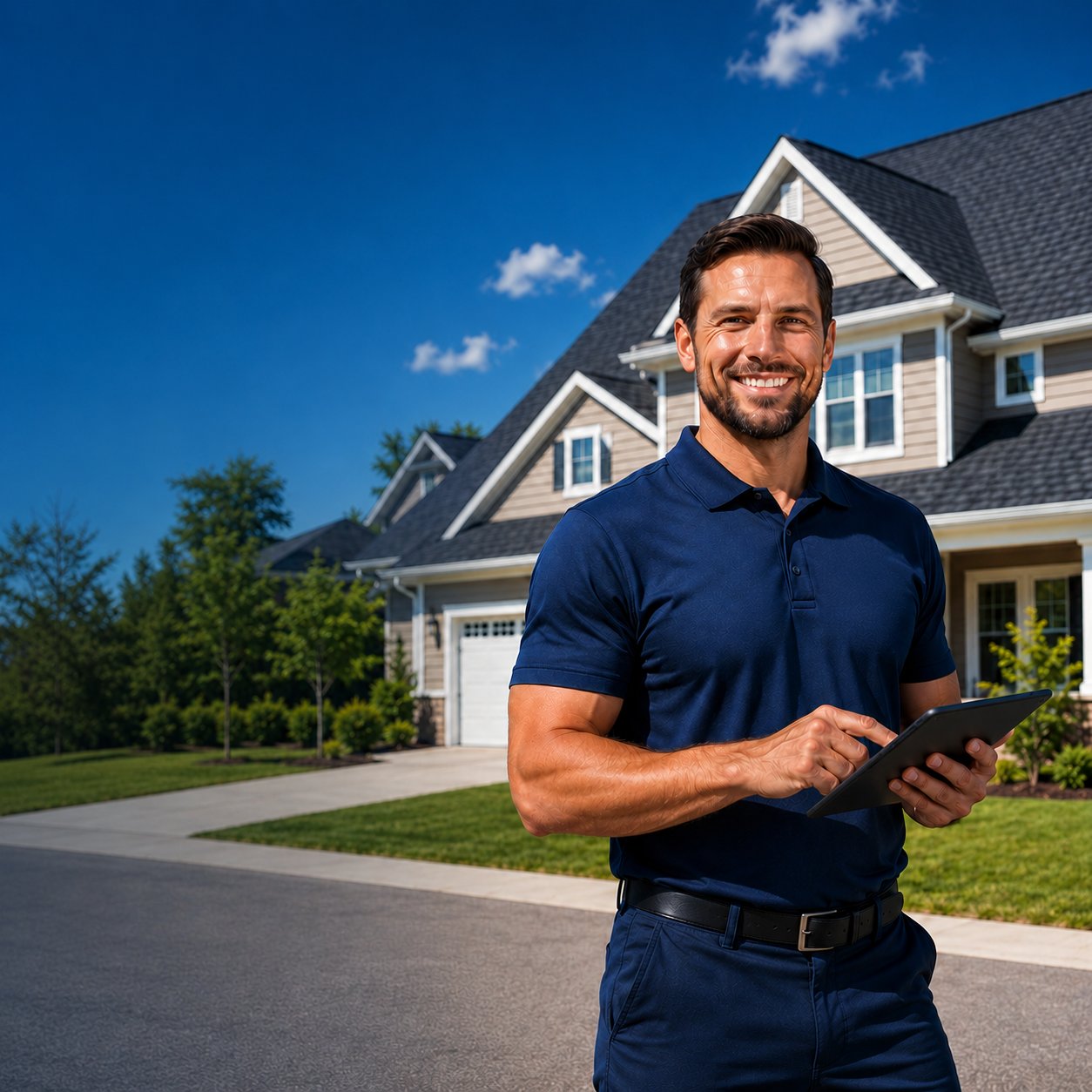 Roofing contractor reviewing a job on a tablet in front of a home